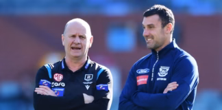 Ken Hinkley speaks with Nigel Lappin ahead of Port Adelaide's clash against the Geelong Cats at Adelaide Oval in 2022.