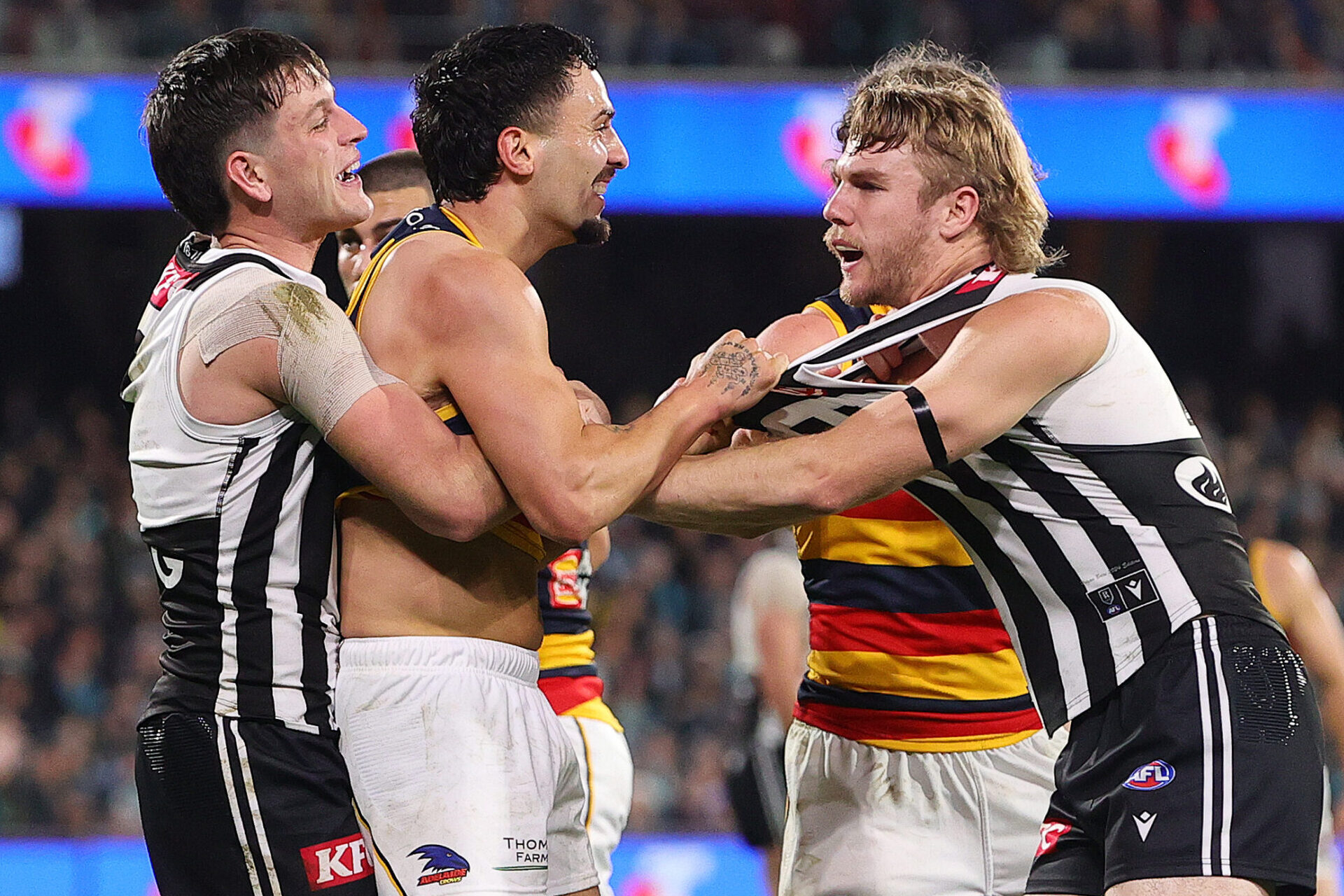 ADELAIDE, AUSTRALIA - AUG 17: Tempers Flare between Izak Rankine of the Crows and Port players Zak Butters and Jason Horne-Francis during the 2024 AFL Round 23 match between the port Adelaide Power and the Adelaide Crows at Adelaide Oval on August 17, 2024 in Adelaide, Australia. (Photo by Sarah Reed/AFL Photos via Getty Images)