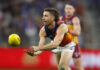 “Drop off has been stark”: West Coast leader’s form brutally assessed PERTH, AUSTRALIA - JULY 18: Liam Baker of the Eagles handballs awa during the round 19 AFL match between West Coast Eagles and Brisbane Lions at Optus Stadium, on July 18, 2026, in Perth, Australia. (Photo by James Worsfold/Getty Images)
