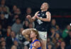 Injury news: Carlton star OUT after AFL Mark of the Year contender MELBOURNE, AUSTRALIA - AUGUST 16: Will Hayward of the Blues takes a spectacular mark over Ryley Sanders of the Bulldogs during the 2026 AFL Round 23 match between the Western Bulldogs and the Carlton Blues at Marvel Stadium on August 16, 2026 in Melbourne, Australia. (Photo by Michael Willson/AFL Photos via Getty Images)