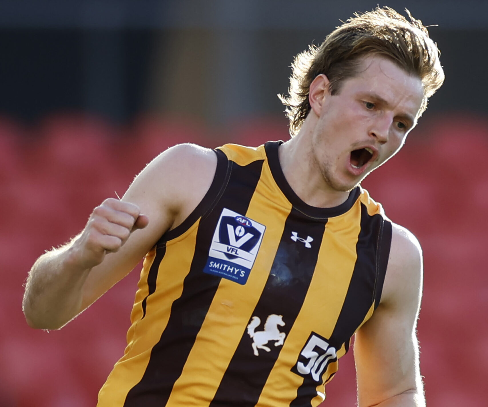 GOLD COAST, AUSTRALIA - JUNE 19: Brodie McLaughlin of the Hawks celebrates during the round 13 VFL match between the Gold Coast Suns and Box Hill Hawks at People First Stadium on June 19, 2026 in Gold Coast, Australia. (Photo by Mackenzie Sweetnam/Getty Images)
